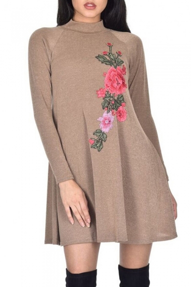 New Fashion Floral Embroidered High Neck Long Sleeve Swing Mini Dress