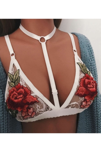 New Stylish Halter Embroidery Floral Pattern Strap Lace Bralet
