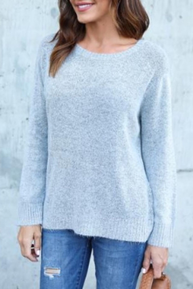 New Stylish Long Sleeve Round Neck Simple Plain Pullover Sweater