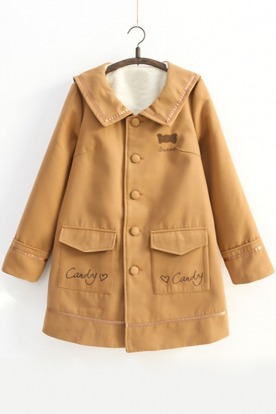 Simple Letter Embroidered Lapel Long Sleeve Buttons Down Woolen Coat