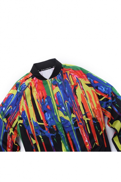 Stand Collar Long Sleeve Oil-Painting Color Block Zippered Baseball Jacket