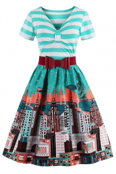 Stylish Short Sleeve Bow Belted House Striped Pattern T-Shirt Fit & Flare Dress