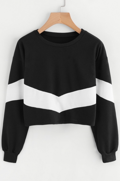 

Chic Color Block Print Long Sleeve Round Neck Cropped Pullover Sweatshirt, LC456294