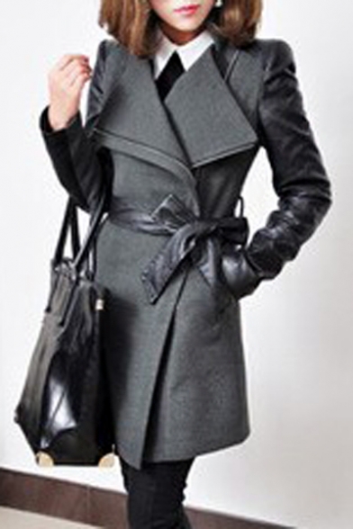 Chic Faux Leather Panel Long Sleeve Zipper Bow Tie Waist Tunic Coat