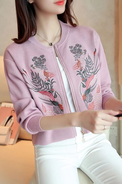 Chic Floral Embroidered Srtand-Up Collar Long Sleeve Cropped Baseball Coat