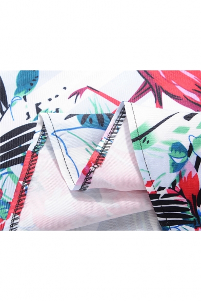 Chic Floral Flamingo Pattern V-Neck Long Sleeve Fit & Flare Midi Dress