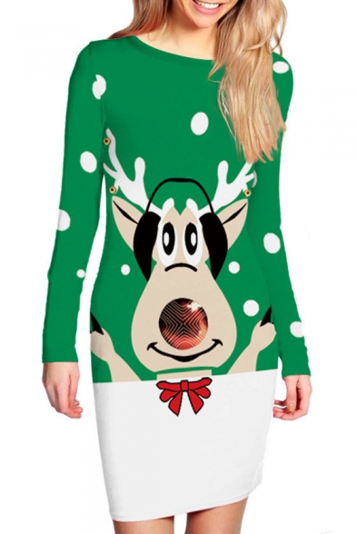 Christmas Reindeer Printed Color Block Dotted Long Sleeve Mini Bodycon Dress