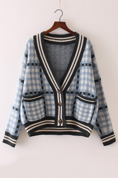 

Color Block Plaid Pattern Long Sleeve Buttons Down Cardigan, Blue;red;yellow