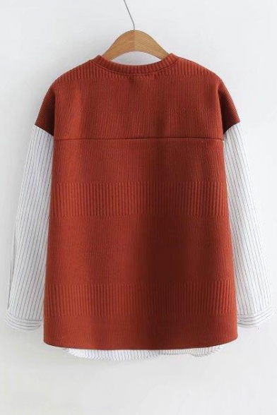 Color Block Round Neck Layered Long Sleeve Pullover Sweater