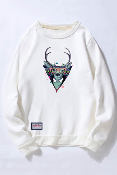 Fashion Deer Print Round Neck Long Sleeve Unisex Pullover Sweatshirt