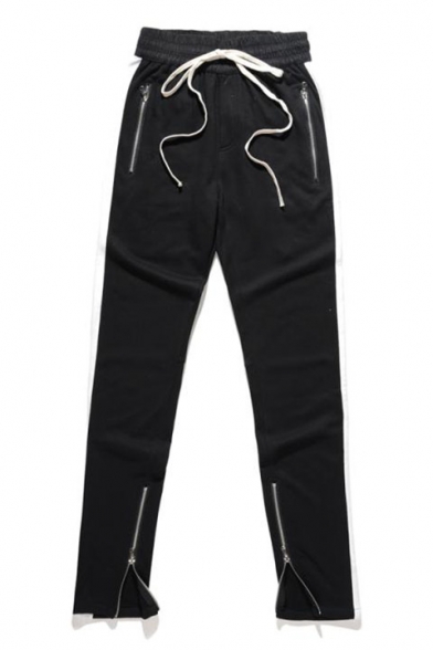 Fashion Drawstring Elastic Waist Zipper Hem Striped Side Sport Pants