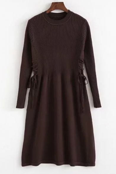 Fashion Plain Long Sleeve Gathered Waist Round Neck Knitted Skater Dress