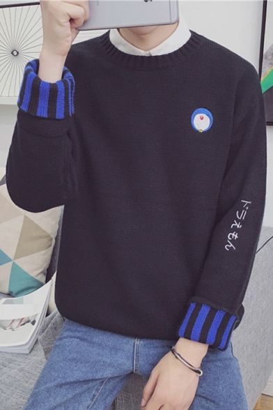 Leisure Cartoon Embroidered Round Neck Long Sleeve Sweater
