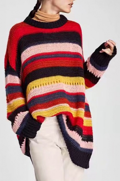Leisure Color Block Striped Long Sleeve Loose Pullover Sweater