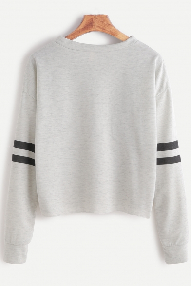 Leisure Round Neck Contrast Ribbed Long Sleeve Cropped Pullover Sweatshirt