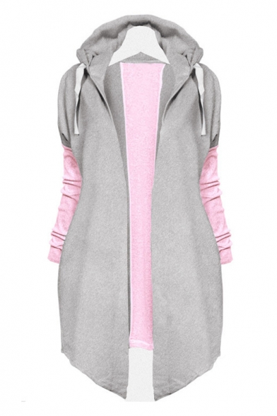New Fashion Color Block Panel Hooded Open Front Long Sleeve Coat