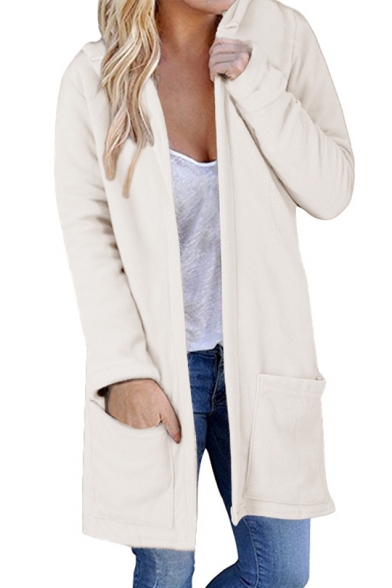 New Fashion Simple Plain Open Front Hooded Long Sleeve Coat