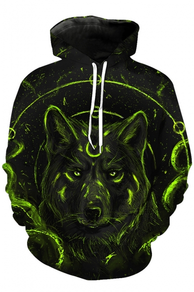 New Stylish 3D Wolf Print Drawstring Hood Long Sleeve Hoodie