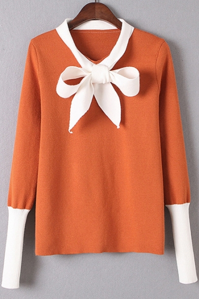 New Stylish Bow Tie Front Color Block V-Neck Long Sleeve Pullover Sweater