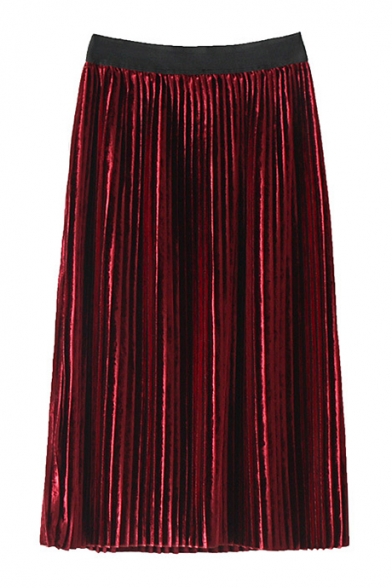 New Stylish Elastic Waist Simple Plain Pleated Skirt