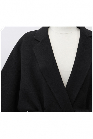 New Stylish Notched Lapel Long Sleeve Bow Tie Waist Plain Tunic Coat