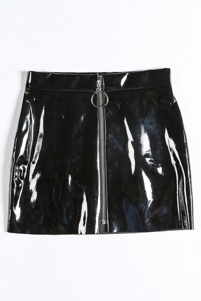 New Stylish Zipper Front Simple Plain Faux Leather Mini Skirt
