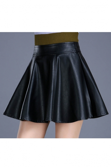Simple Plain High Waist PU Pleated Mini Skirt