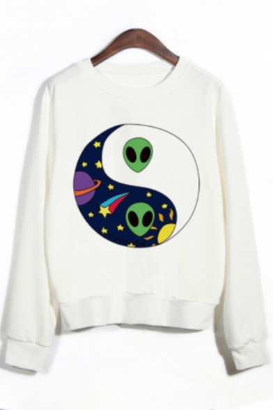 Alien Space Pattern Round Neck Long Sleeves Pullover Sweatshirt