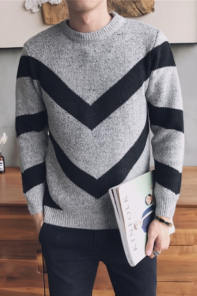 Chic Crew Neck Long Sleeves Contrast Stripes Knitted Pullover Sweater