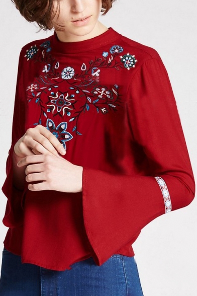 Chic Embroidery Floral Pattern Flared Cuff Button Back Blouse