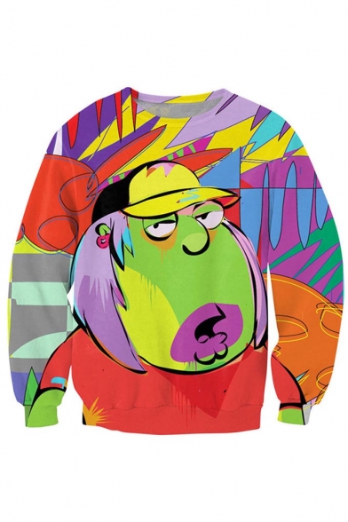 Color Block Cartoon Printed Long Sleeves Round Neck Pullover Sweatshirt