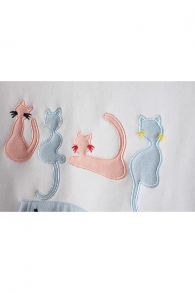 Cute Cat Embroidered Color Block Print LonG Sleeve Pocket Hoodie