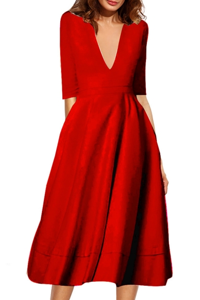 Elegant Plunge Neck Half Sleeves A-line Plain Midi Dress