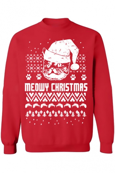 Fashion Christmas Cat Letter Print Long Sleeve Pullover Sweatshirt