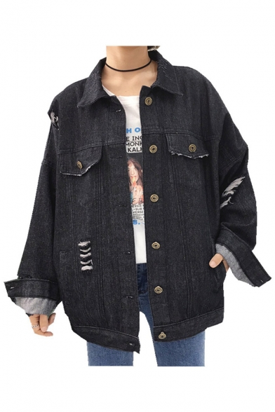 Fashion Embroidery Letter Rainbow Pattern Long Sleeve Ripped Denim Jacket