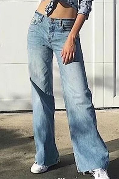 Fashionable Zip Fly Simple Plain Frayed Cuff Wide Leg Jeans