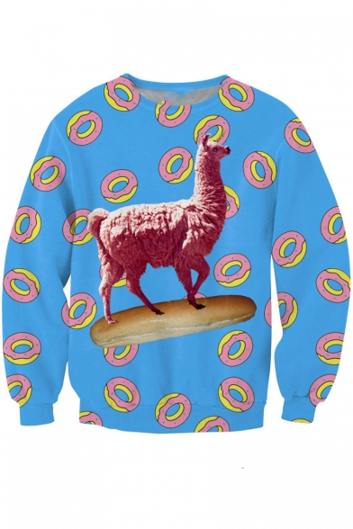 Leisure Alpaca Print Round Neck Long Sleeve Pullover Sweatshirt