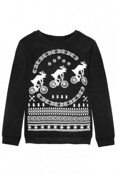 Leisure Christmas Elk Print Round Neck Long Sleeve Pullover Sweatshirt