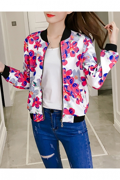 Leisure Floral Print Stand-Up Collar Long Sleeve Baseball Jacket