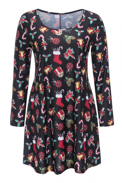 New Christmas Patterned Round Neck Long Sleeve Dress