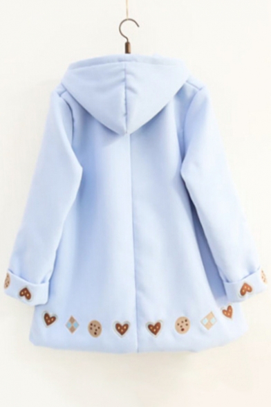 New Fashion Cookie Cartoon Embroidered Buttons Down Long Sleeve Woolen Coat
