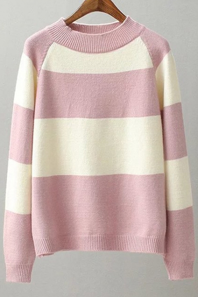 New Fashion Simple Color Block Round Neck Long Sleeve Pullover Sweater