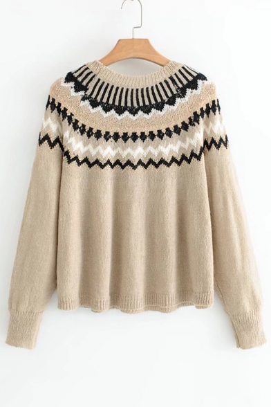 New Round Neck Long Sleeve Wave Patterned Sweater