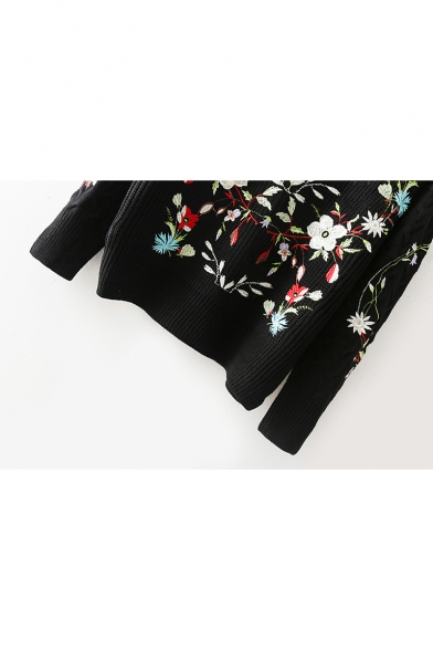 New Stylish Floral Print Round Neck Long Sleeve Pullover Sweater