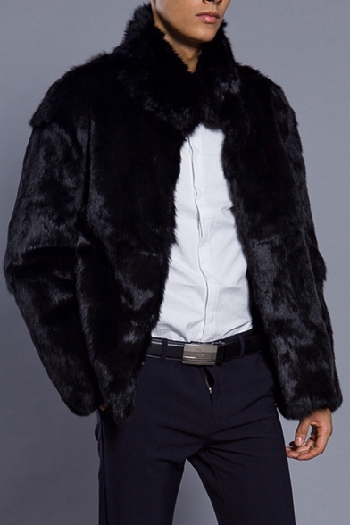 New Stylish Stand-Up Collar Long Sleeve Plain Faux Fur Coat