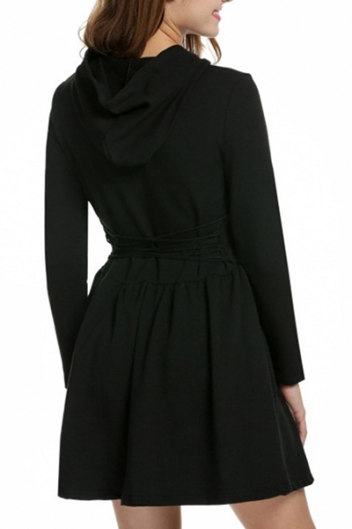 Simple Long Sleeves Flared Mini Hooded Dress