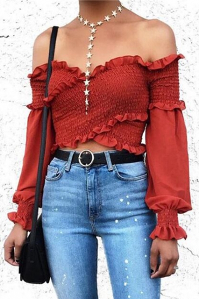 

Simple Plain Off The Shoulder Ruffle Hem Long Sleeve Cropped Blouse, Black;red;white;yellow