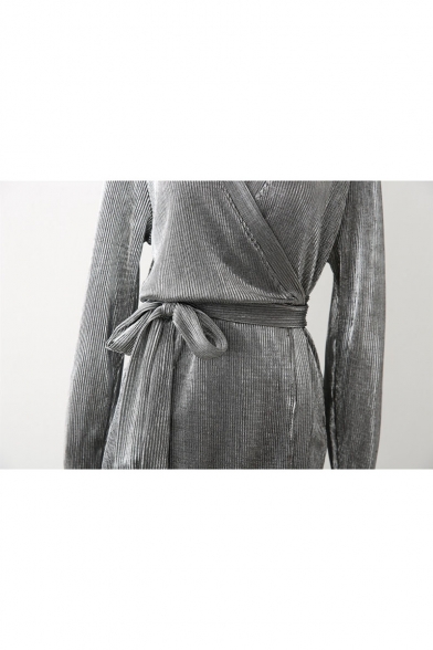 Simple Plain V-Neck Long Sleeve Tie Waist Wrap Midi Dress
