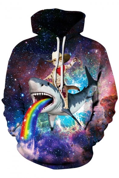 Space Cowboy-Cat Shark Rainbow Printed Long Sleeve Hoodie with Kangaroo Pocket