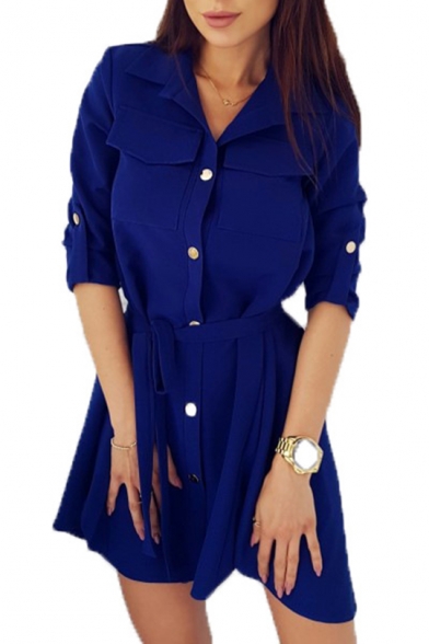 Half Sleeves Lapel High Low Hem Buttons-Down Belted Utility Dress with Chest-Pockets